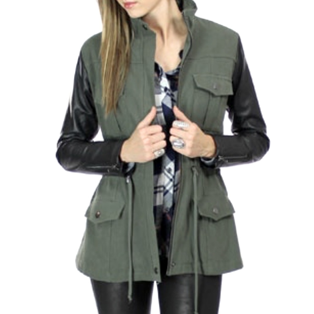 Rails Utility Cargo Jacket Lambskin Leather Sleeves Anorak Army Green Black Sz S